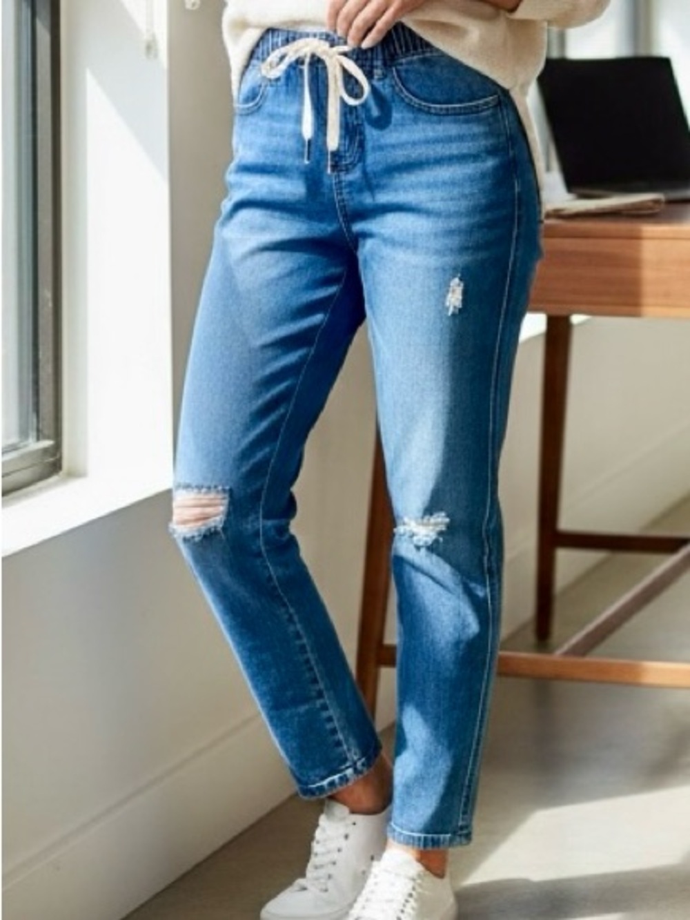 Rewash Brand Women's Blue Distressed Drawstring Elastic Jeans